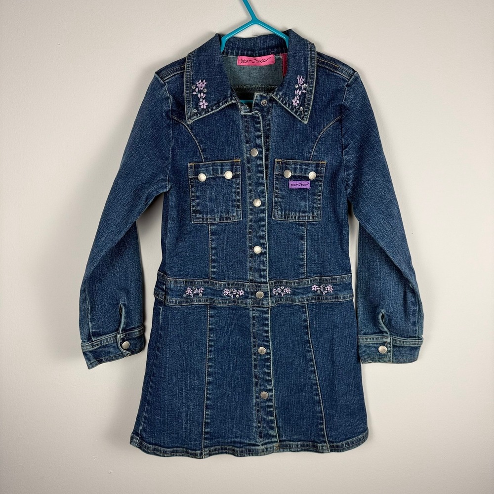 VTG Betsey Johnson Girls Blue Denim Floral Embroidered Snap‎ Front Dress Size 6X